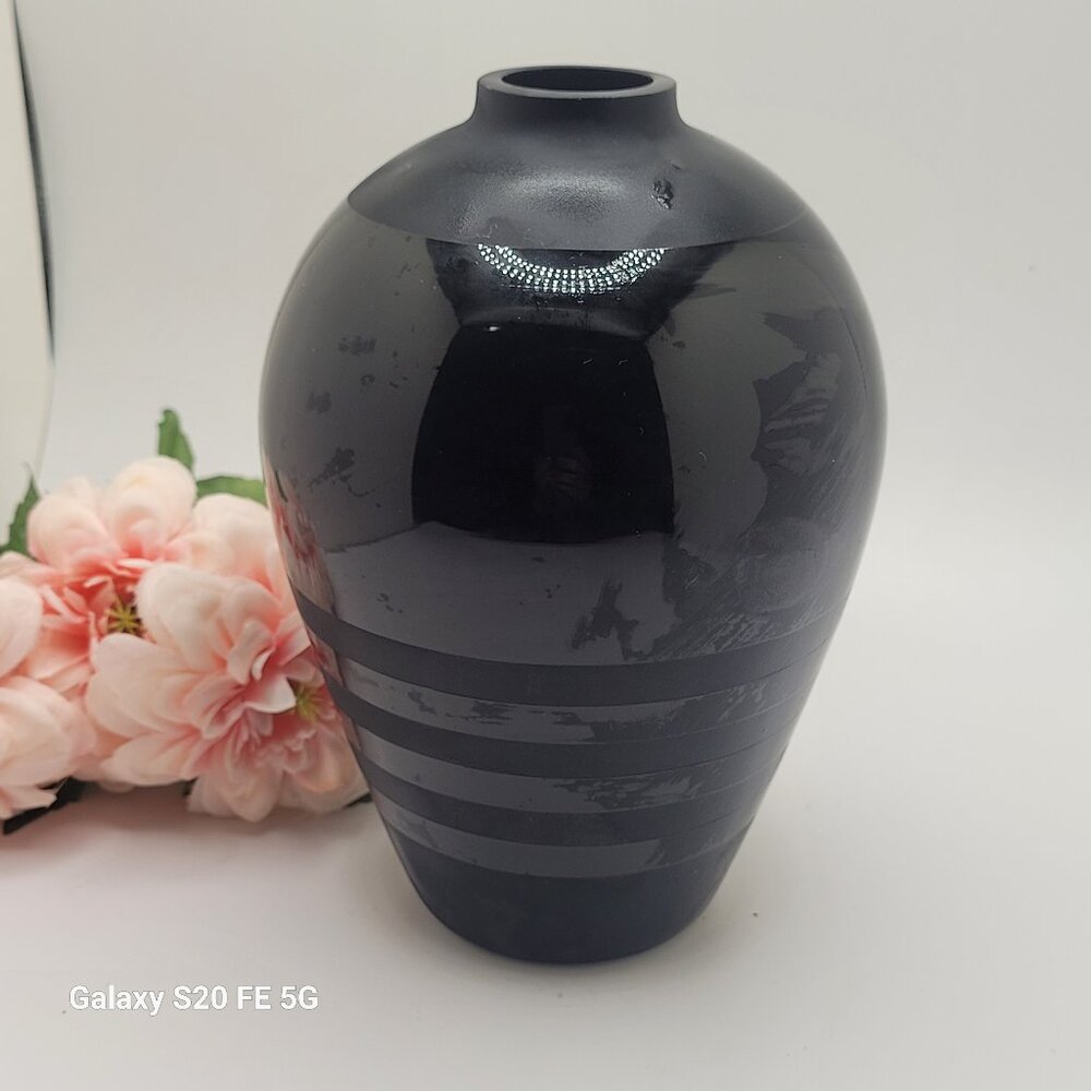 Vintage 7" Mouth Blown Black Textured Stripes Globe Vase